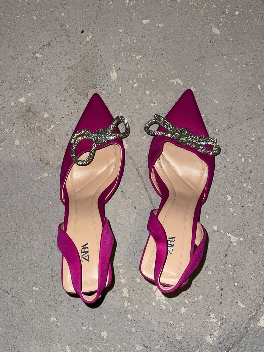 ZARA Fuchsia Pointed Slingback Heels with Crystal Knot